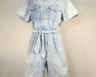 Vintage 90s Denim Romper Floral Belt Size Large Cottagecore Cotton Pockets Blue