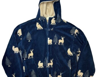 Size Large Vintage 90s Navy Fleece Nature Bear Deer Tree Print Hooded Zip Jacket
