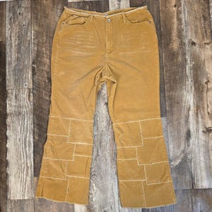 Y2K Patchwork Corduroy Pants Studded Flare Boho Indie Grunge Tan High Rise 20