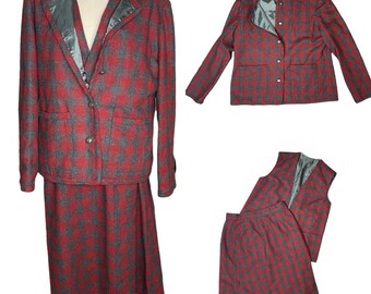 Vintage 3 Piece Jacket Vest Skirt Suit Set Red Gray