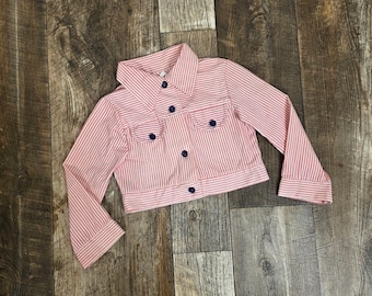 Vintage 70s Red White Pinstripe Jacket Sears Kids Youth 5  Retro Railroad Preppy