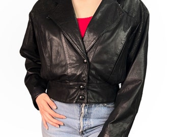 Medium Vintage 80s Vintage Leather Jacket Black Boxy 1980s Women’s, Byrnes & Baker, Liner