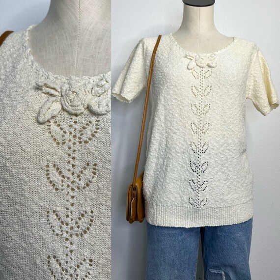 Vintage 70s Short Sleeve Knit Top Cream Flower Co… - image 1