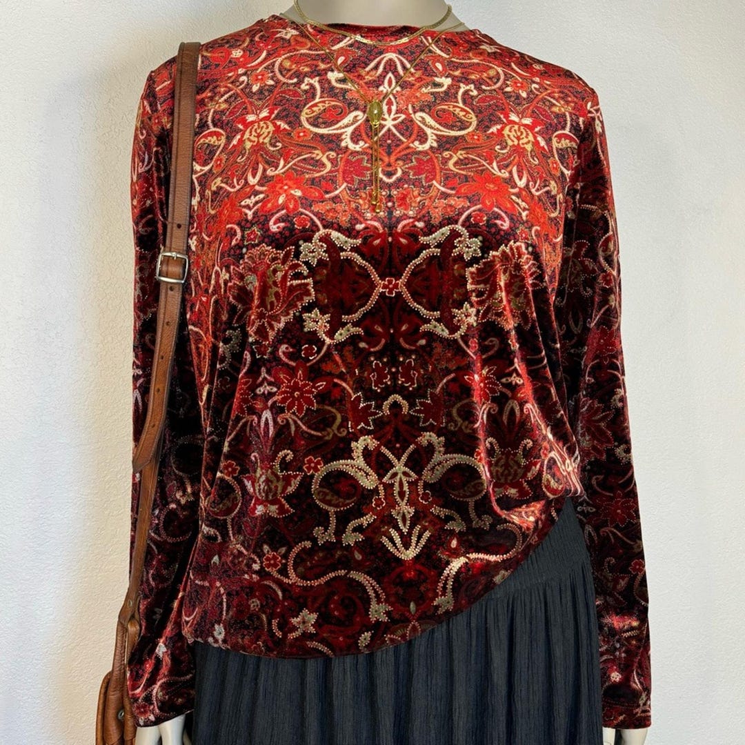Vintage 90s Red Velvet Bothic Baroque Print Blousetop Whimsigoth Jewel ...