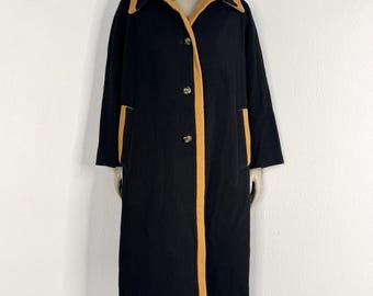 Vintage 60s Sears Fashions Wool Swing Coat Mod Contrast Trim Car Black Tan