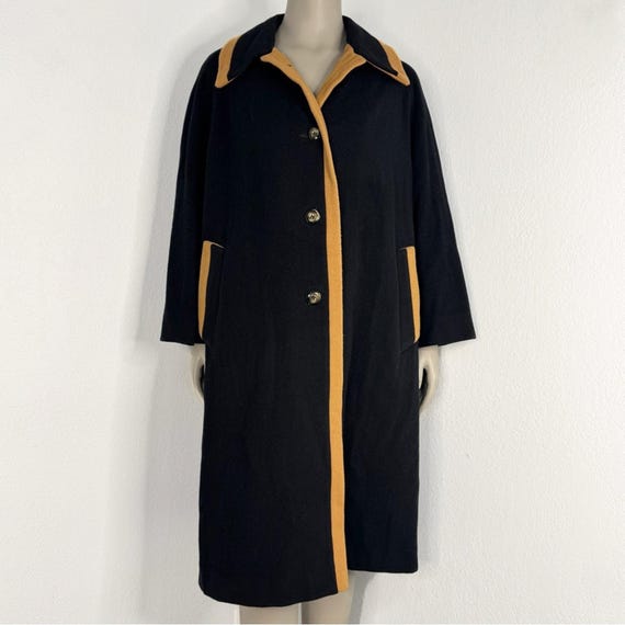 Vintage 60s Sears Fashions Wool Swing Coat Mod Contrast Trim Car Black Tan