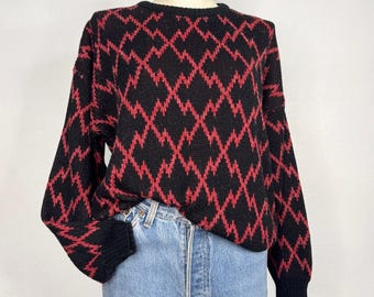 Vintage Black Sweater Red Zigzag 90s Grunge Grandpa Dad Size Unisex Small
