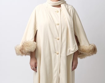 FABULOUS 70’s vintage cape-like coat with faux Mongolian fur cuffs and rhinestone detail buttons