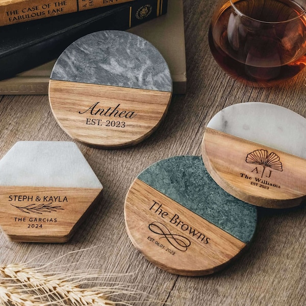 Custom Engraved Marble Wood Coasters | Personalized Gifts Coaster Set New Home Gift | Housewarming Gifts Wedding Gifts Bridal Shower Gifts