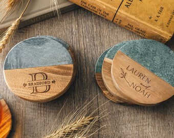 Custom Engraved Marble Wood Coasters | Anniversary Gifts Round Coaster for Men Personalized | Gifts for Couple, Valentine's Gift