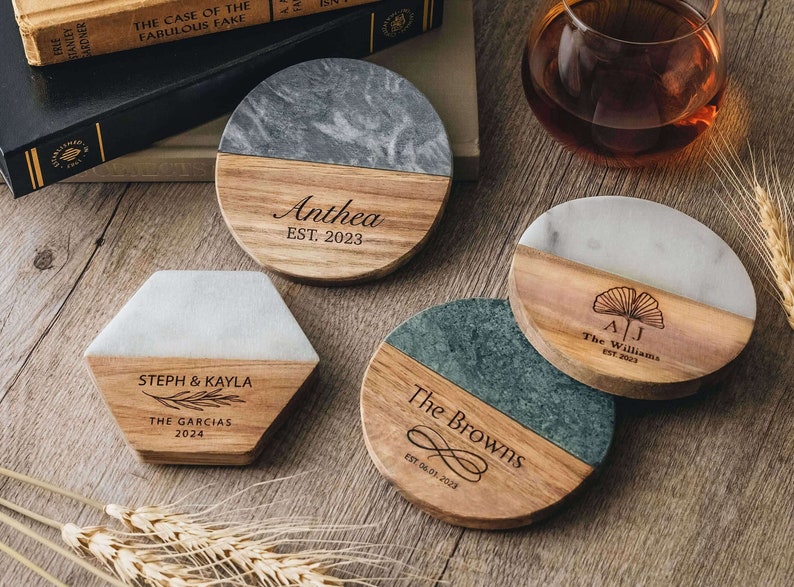 Custom Engraved Marble Wood Coasters Personalized Gifts image 1