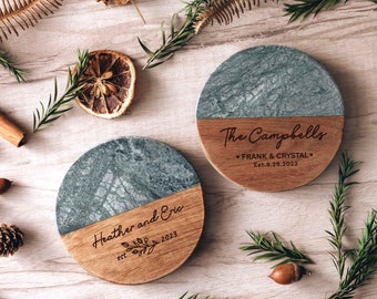 Custom Marble Wood Coasters | Personalized Round Marble Wooden Coaster Set | Gifts for Couple, Anniversary Gift for Him, Husband Gift