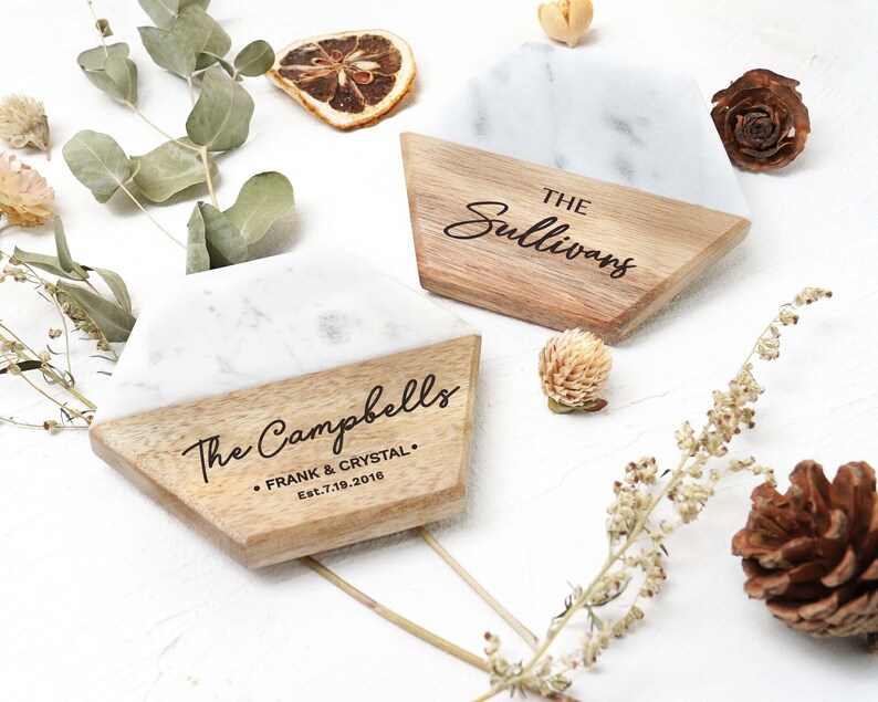 Custom Engraved Marble Wood Coasters Round Marble Wooden Etsy