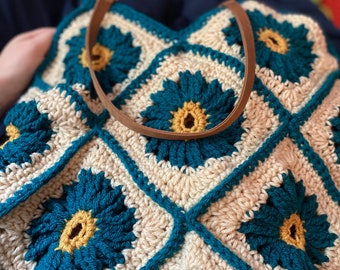 Teal Blue, Tan, and Yellow Crochet Tote Bag, Medium-Sized Crochet Granny Square Bag, Day Bag or Overnight Bag