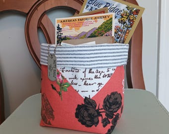 Reversible Fabric Basket, Pink Roses, Blue Stripes, Cotton Storage