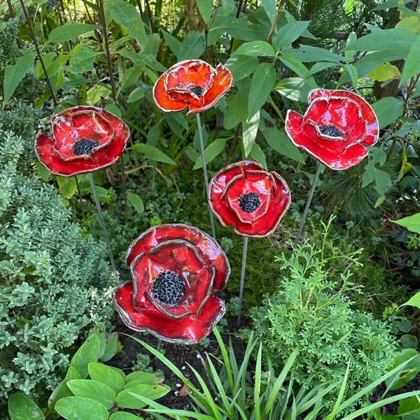 coquelicots en céramique, coquelicots, fleurs, décoration de jardin