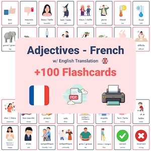 Könnte beinhalten: Ein Satz Karteikarten zum Erlernen französischer Adjektive mit englischen Übersetzungen. Die Karten zeigen farbenfrohe Illustrationen und Text, mit der französischen Flagge und den Worten "+100 Flashcards" prominent dargestellt.
