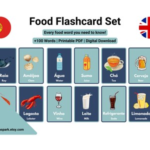 Fichas de vocabulario de comida portuguesa: alimentos y bebidas / Aprenda portugués europeo / Descarga PDF