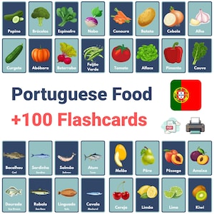 Tarjetas de vocabulario gastronómico portugués: Comidas y bebidas / Aprende portugués europeo / Descargar PDF