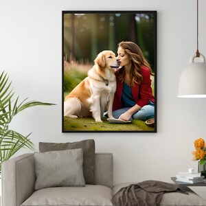 May include: A woman wearing a red jacket and blue jeans is sitting on the grass with a golden retriever. The dog is licking the woman's face.