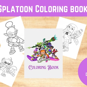 Puede incluir: Un libro para colorear en blanco y negro con personajes del videojuego Splatoon. La portada muestra a un grupo de personajes sosteniendo armas y montando una patineta. El texto "Splatoon Coloring Book" está impreso en la portada.