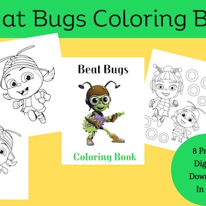 Puede incluir: Un libro para colorear en blanco y negro con personajes del programa "Beat Bugs". La portada muestra un insecto verde tocando la guitarra con el título "Beat Bugs Coloring Book". El libro incluye 8 páginas y está disponible como descarga digital en formato PDF.