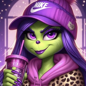 Può includere: Un'illustrazione digitale di un personaggio verde con i capelli viola, che indossa un cappello Nike viola e una felpa con cappuccio rosa. Il personaggio tiene in mano una tazza viola con una cannuccia e ha lunghe unghie viola. Il personaggio indossa un cappotto leopardato.
