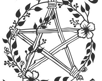 May include: Black and white illustration of a pentagram with a floral wreath around it. The text "Witches Welcome" is written above and below the pentagram.