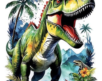 May include: Watercolor illustration of a Tyrannosaurus Rex with an open mouth, showcasing sharp teeth and a red interior. The dinosaur is green and yellow, set against a backdrop of palm trees, tropical flowers, and a mountain range.