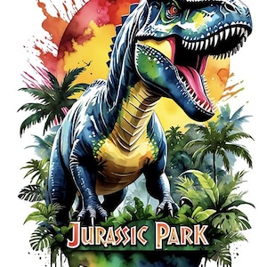 May include: Watercolor illustration of a Tyrannosaurus Rex with open mouth, set against a sunset and tropical foliage. The text "JURASSIC PARK" is displayed at the bottom, with a colorful, dripping effect.