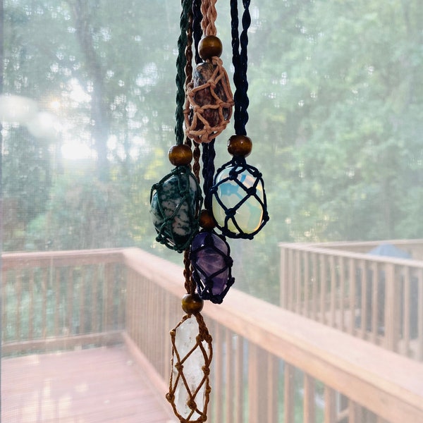 Crystal / Natural Stone with Macrame Cord Pouch Necklace / Pendant