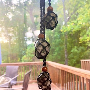 Crystal / Natural Stone with Macrame Cord Pouch Necklace / Pendant tree agate w/black