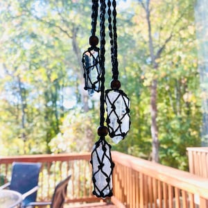 Crystal / Natural Stone with Macrame Cord Pouch Necklace / Pendant clear qz point w/blk