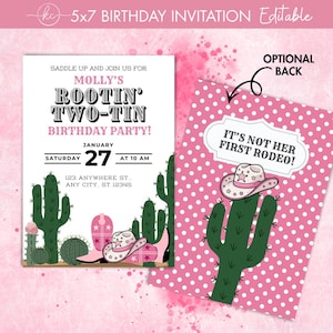 Invitación de cumpleaños rosa "Rooting Two-Tin" / Decoración de cumpleaños con temática del Oeste / Plantilla editable para fiesta / Descarga digital instantánea