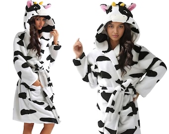 Party Hoot Women's Cow Hooded Robe Soft and Cozy Animal Inspired Bathrobe Gift for Her Comfortable Loungewear