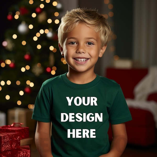 Forest Green B 5000B Mockup, Kids Christmas T-shirt Mock Up, Holidays t shirt for Gildan 5000B Tee Holiday Winter Tshirt girl,Christmas Mock