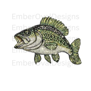 May include: Detailed illustration of a fish with an open mouth, showcasing a speckled pattern in shades of green, black, and silver. The fish has a prominent dorsal fin and tail, set against a white background. The text "EmberOval Designs" is visible.