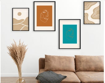 Mid century modern, digital print, wall art, home decor, boho, abstract faces, rust, copper, teal