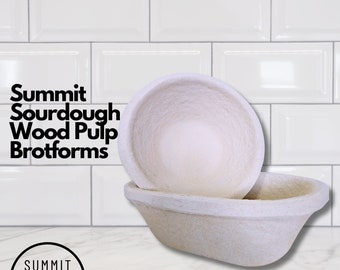 May include: Two white sourdough bread proofing baskets made of wood pulp. The larger basket is oval shaped and the smaller basket is round. The baskets are on a white tiled surface. The text "Summit Sourdough Wood Pulp Brotforms" is in black text at the top of the image. The text "www.summitsourdough.com" is in black text at the bottom of the image.