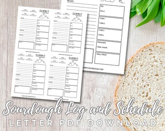 May include: Printable sourdough log and schedule featuring a mountain peak design. The printable includes sections for recipe, mix, bulk, turn 1, turn 2, turn 3, turn 4, preshape, final shape, and final proof. The printable is on a wooden surface with a slice of bread.