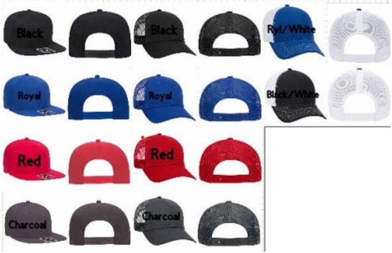 May include: A variety of trucker hats in different colors and styles. The hats feature a mesh back and a variety of embroidered logos, including "Black", "Royal", "Red", "Charcoal", "Black/White", and "Ryl/White".