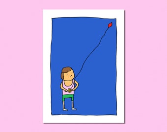May include: A cartoon illustration of a person flying a red kite against a blue sky background.