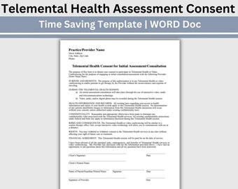 Telemental Health Consent Initial Assessment, Private Practice Therapist Office Templates, Counseling Office Therapy Consent, Client Intake