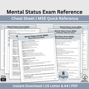 Mental Status Exam Reference Sheet, Therapist Office Cheat Sheet, Psychology, School Counselor, Social Worker, Therapy Tools, Therapy Notes