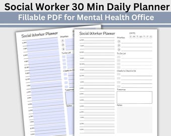 May include: A printable daily planner for social workers, with a light blue background and a white grid. The planner is divided into 30-minute intervals, with space for priorities, to-do lists, notes, and clients to check in on. The planner is titled "Social Worker 30 Min Daily Planner" and "Fillable PDF for Mental Health Office".