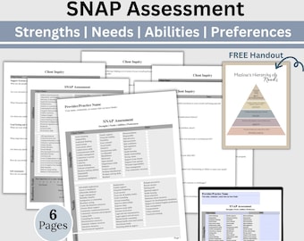 May include: A printable SNAP assessment form with six pages. The form is designed to help assess a client's strengths, needs, abilities, and preferences. The form includes a client inquiry section, a provider/practice name section, and a section for Maslow's Hierarchy of Needs. The form is fillable and can be downloaded in US Letter and A4 sizes.