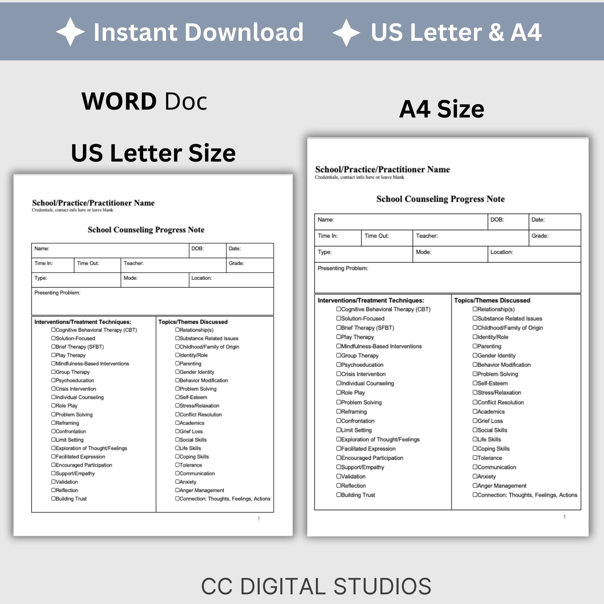 School Counselor Progress Note Template, Therapy Notes (US Letter & A4 ...