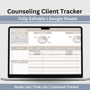 May include: A digital calendar and spreadsheet for tracking counseling clients. The spreadsheet includes a calendar, client status, referral source, top goals, to do list, and a section for progress notes. The spreadsheet is titled "Counseling Client Tracker" and is fully editable in Google Sheets.