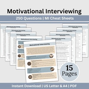 Op de afbeelding: Een set van 15 printbare pagina's met motiverende interviewvragen. De pagina's zijn blauw en grijs met witte tekst. De titel van het document is "Motivational Interviewing 250 Questions | MI Cheat Sheets".