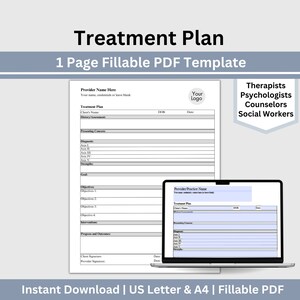 Könnte beinhalten: Eine druckbare Vorlage für einen Behandlungsplan für Therapeuten, Psychologen, Berater und Sozialarbeiter. Die Vorlage enthält Abschnitte für Kundeninformationen, aktuelle Anliegen, Diagnose, Stärken, Ziele, Zielsetzungen, Interventionen, Fortschritt und Ergebnisse sowie Unterschriften des Kunden und des Anbieters.